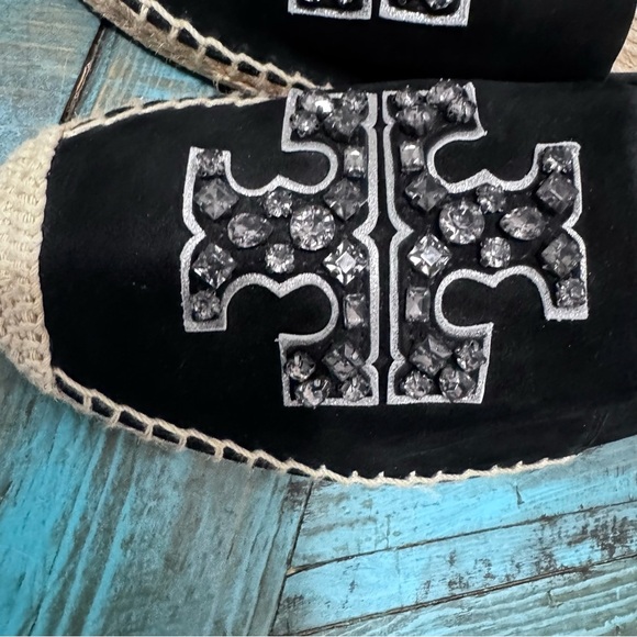 Tory Burch Embellished Espadrille Suede Jewel Perfect Black/Diamond Size 10.5 - Picture 4 of 16